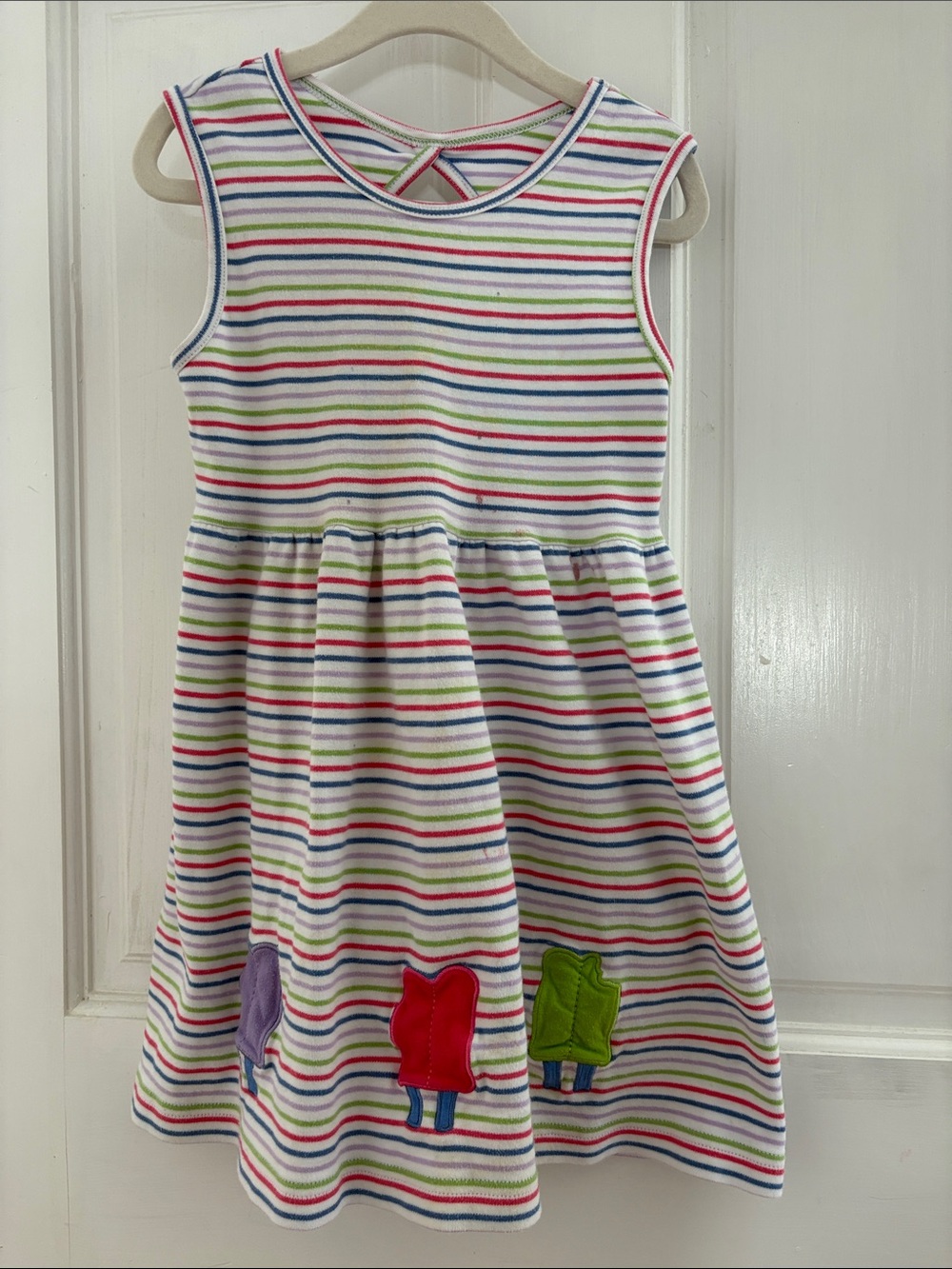 Girls' Sleeveless Striped Cotton Dress with Colorful Appliqués size 5 for play